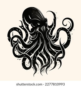 Black and White Cthulhu,Kraken Silhouette Ornament Vector Art for Logo and Icon