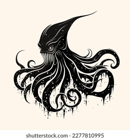 Black and White Cthulhu,Kraken Silhouette Ornament Vector Art for Logo and Icon