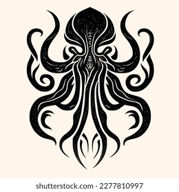 Black and White Cthulhu,Kraken Silhouette Ornament Vector Art for Logo and Icon