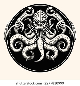 Black and White Cthulhu,Kraken Silhouette Ornament Vector Art for Logo and Icon