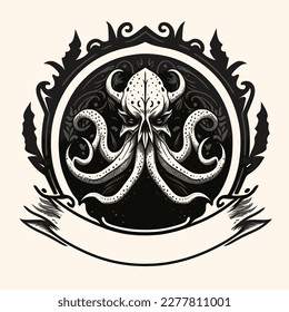 Black and White Cthulhu,Kraken Silhouette Ornament Vector Art for Logo and Icon