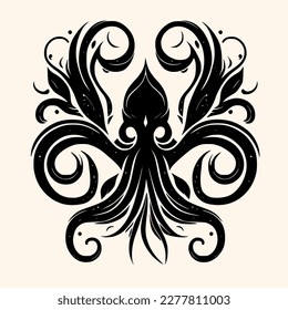 Black and White Cthulhu,Kraken Silhouette Ornament Vector Art for Logo and Icon