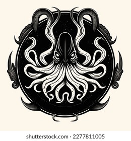 Black and White Cthulhu,Kraken Silhouette Ornament Vector Art for Logo and Icon