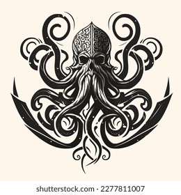 Black and White Cthulhu,Kraken Silhouette Ornament Vector Art for Logo and Icon