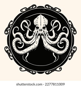 Black and White Cthulhu,Kraken Silhouette Ornament Vector Art for Logo and Icon