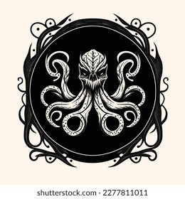 Black and White Cthulhu,Kraken Silhouette Ornament Vector Art for Logo and Icon