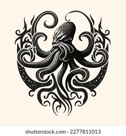 Black and White Cthulhu,Kraken Silhouette Ornament Vector Art for Logo and Icon