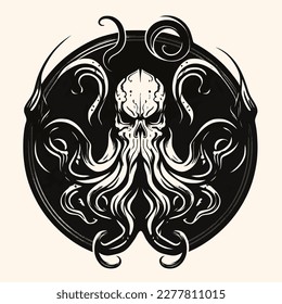 Black and White Cthulhu,Kraken Silhouette Ornament Vector Art for Logo and Icon