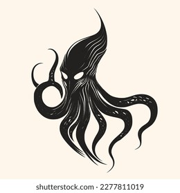 Black and White Cthulhu,Kraken Silhouette Ornament Vector Art for Logo and Icon