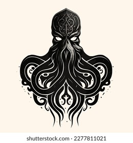 Black and White Cthulhu,Kraken Silhouette Ornament Vector Art for Logo and Icon