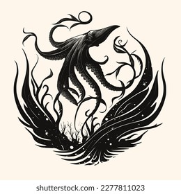 Black and White Cthulhu,Kraken Silhouette Ornament Vector Art for Logo and Icon