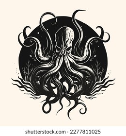 Black and White Cthulhu,Kraken Silhouette Ornament Vector Art for Logo and Icon