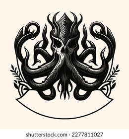 Black and White Cthulhu,Kraken Silhouette Ornament Vector Art for Logo and Icon