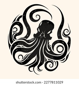 Black and White Cthulhu,Kraken Silhouette Ornament Vector Art for Logo and Icon