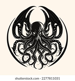 Black and White Cthulhu,Kraken Silhouette Ornament Vector Art for Logo and Icon