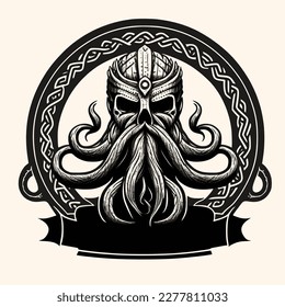 Black and White Cthulhu,Kraken Silhouette Ornament Vector Art for Logo and Icon