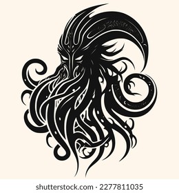 Black and White Cthulhu,Kraken Silhouette Ornament Vector Art for Logo and Icon