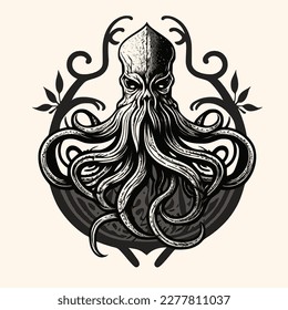 Black and White Cthulhu,Kraken Silhouette Ornament Vector Art for Logo and Icon