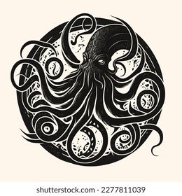 Black and White Cthulhu,Kraken Silhouette Ornament Vector Art for Logo and Icon