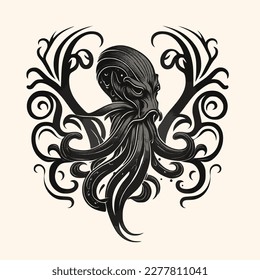 Black and White Cthulhu,Kraken Silhouette Ornament Vector Art for Logo and Icon