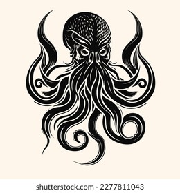 Black and White Cthulhu,Kraken Silhouette Ornament Vector Art for Logo and Icon