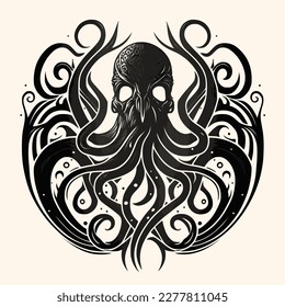 Black and White Cthulhu,Kraken Silhouette Ornament Vector Art for Logo and Icon