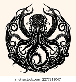 Black and White Cthulhu,Kraken Silhouette Ornament Vector Art for Logo and Icon