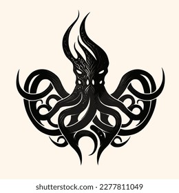 Black and White Cthulhu,Kraken Silhouette Ornament Vector Art for Logo and Icon