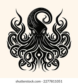 Black and White Cthulhu,Kraken Silhouette Ornament Vector Art for Logo and Icon