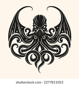 Black and White Cthulhu,Kraken Silhouette Ornament Vector Art for Logo and Icon