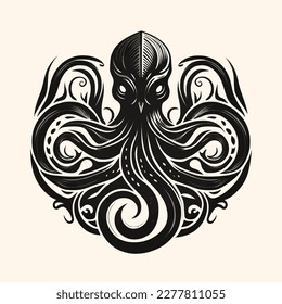 Black and White Cthulhu,Kraken Silhouette Ornament Vector Art for Logo and Icon