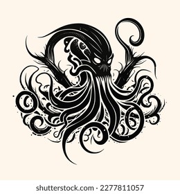 Black and White Cthulhu,Kraken Silhouette Ornament Vector Art for Logo and Icon