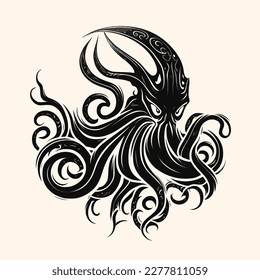 Black and White Cthulhu,Kraken Silhouette Ornament Vector Art for Logo and Icon