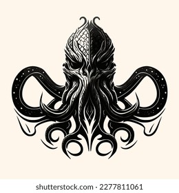 Black and White Cthulhu,Kraken Silhouette Ornament Vector Art for Logo and Icon