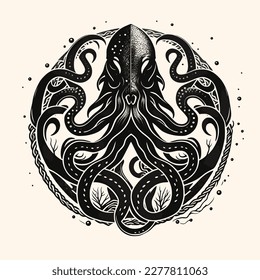 Black and White Cthulhu,Kraken Silhouette Ornament Vector Art for Logo and Icon