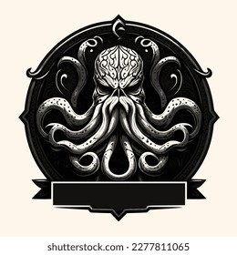 Black and White Cthulhu,Kraken Silhouette Ornament Vector Art for Logo and Icon