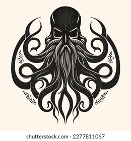 Black and White Cthulhu,Kraken Silhouette Ornament Vector Art for Logo and Icon