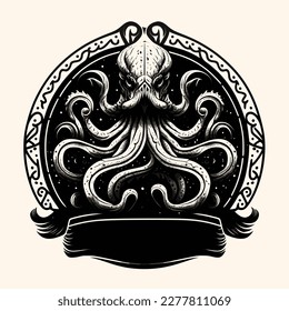 Black and White Cthulhu,Kraken Silhouette Ornament Vector Art for Logo and Icon