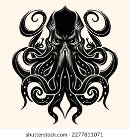 Black and White Cthulhu,Kraken Silhouette Ornament Vector Art for Logo and Icon