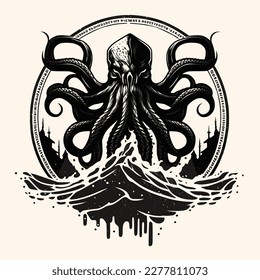 Black and White Cthulhu,Kraken Silhouette Ornament Vector Art for Logo and Icon