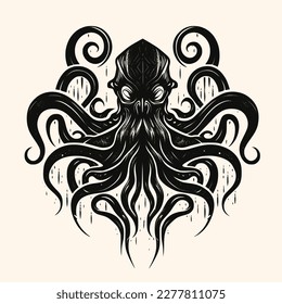 Black and White Cthulhu,Kraken Silhouette Ornament Vector Art for Logo and Icon