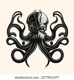 Black and White Cthulhu,Kraken Silhouette Ornament Vector Art for Logo and Icon