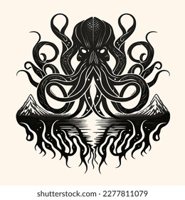 Black and White Cthulhu,Kraken Silhouette Ornament Vector Art for Logo and Icon