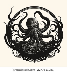 Black and White Cthulhu,Kraken Silhouette Ornament Vector Art for Logo and Icon