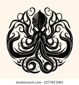 Black and White Cthulhu,Kraken Silhouette Ornament Vector Art for Logo and Icon