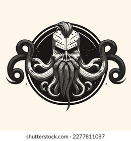 Black and White Cthulhu,Kraken Silhouette Ornament Vector Art for Logo and Icon