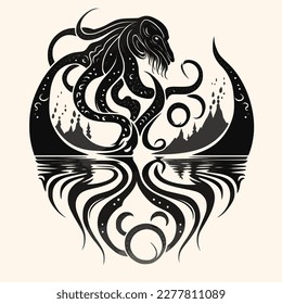 Black and White Cthulhu,Kraken Silhouette Ornament Vector Art for Logo and Icon