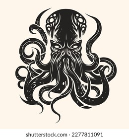 Black and White Cthulhu,Kraken Silhouette Ornament Vector Art for Logo and Icon