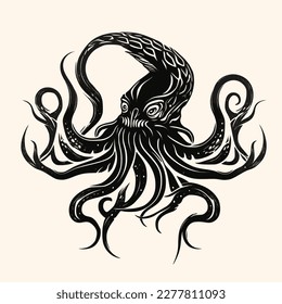 Black and White Cthulhu,Kraken Silhouette Ornament Vector Art for Logo and Icon