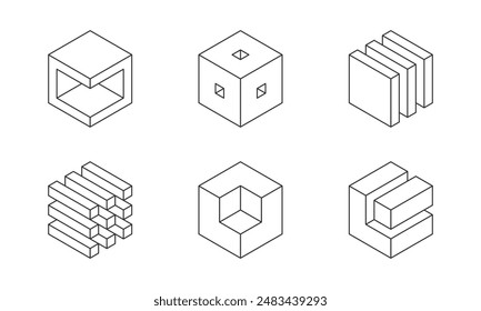 Black and white Cube logo, geometric vector design. Set box logotype company, trendy techno emblem in isometric 3D style.